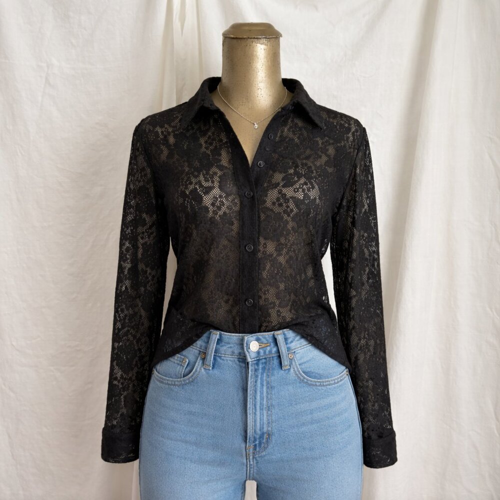 Y2K Black Lace Button Up Shirt